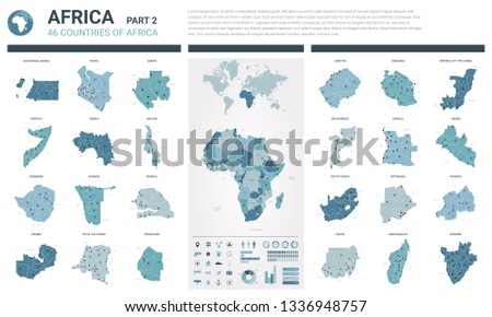 Vector maps set.  High detailed 46 maps of African countries with administrative division and cities. Political map, map of Africa continent, world map, globe, infographic elements.  Part 2.