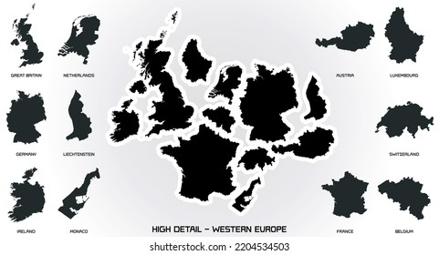 Vector maps of Western European countries - high detail