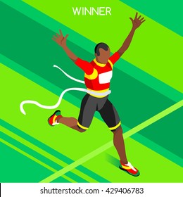 Vector Marathon Finish Line African Athlete American Run Man Athletic Sportsman Win Concept. 3D Isometric Win Athlete Sport Collection Athletic Sport Competition Infographic olympic Vector People Set