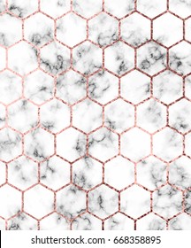 Vector marble background with rose gold hexagons pattern.
