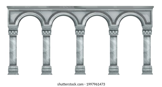 Vector marble column illustration, roman stone arch, ancient Greek temple pillar isolated on white. Classic architecture old colonnade, palace facade element. Marble column decoration design element