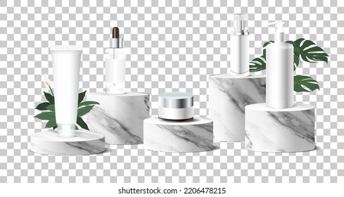 Vector marble cylinder podium presentation mock up, with set of cosmetics products on stage pedestal, Stone podiums for layout template design