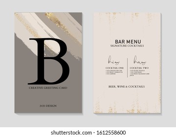 Vector marble grey grunge brush strokes and golden sparkles, hand drawn typography, party concept, bar menu template, poster template.