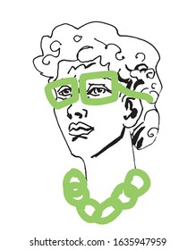 Vector marble head of David. Work of art of the era of excitement. Illustration of the Beautiful young man on a white isolated background hand drawn line style. Design for web, cards, colors, prints.