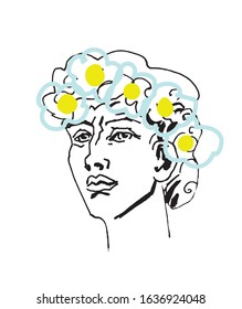 Vector marble head of David. Work of art of the era of excitement. Illustration of the Beautiful young man on a white isolated background hand drawn line style. Design for web, cards, colors, prints.