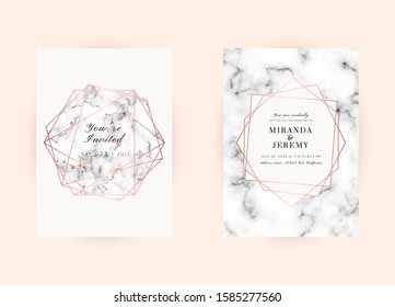 Vector marble modern wedding invitation templates set. Geometric frame with space for text.Luxury classy Rose Gold design.Pink brochure, flyer, cover, poster, card, logo, business identity style.