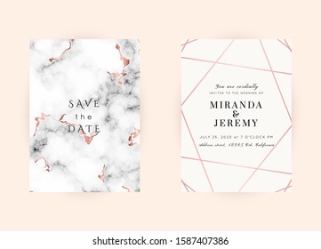 Vector marble modern wedding invitation templates set. Geometric frame with space for text.Luxury classy Rose Gold design.Pink brochure, flyer, cover, poster, card, logo, business identity style.