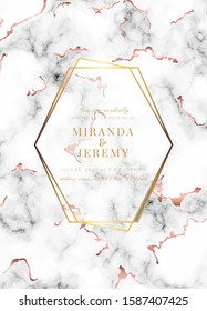 Vector marble modern wedding invitation template. Geometric shape frame with space for text.Luxury classy Rose Gold design.Pink brochure, flyer, cover, poster, card, logo, business identity style.