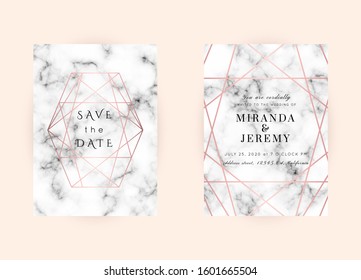 Vector marble modern wedding invitation templates set. Geometric frame with space for text.Luxury classy Rose Gold design.Pink brochure, flyer, cover, poster, card, logo, business identity style.