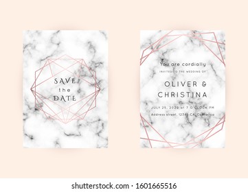 Vector marble modern wedding invitation templates set. Geometric frame with space for text.Luxury classy Rose Gold design.Pink brochure, flyer, cover, poster, card, logo, business identity style.