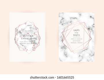 Vector marble modern wedding invitation templates set. Geometric frame with space for text.Luxury classy Rose Gold design.Pink brochure, flyer, cover, poster, card, logo, business identity style.