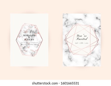 Vector marble modern wedding invitation templates set. Geometric frame with space for text.Luxury classy Rose Gold design.Pink brochure, flyer, cover, poster, card, logo, business identity style.