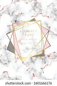 Vector marble modern wedding invitation template. Geometric shape frame with space for text.Luxury classy Rose Gold design.Pink brochure, flyer, cover, poster, card, logo, business identity style.