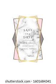 Vector marble modern wedding invitation template. Geometric shape frame.Luxury classy Yellow Gold design with rose and gray triangles.Brochure, flyer, cover, poster, card, logo, business identity.