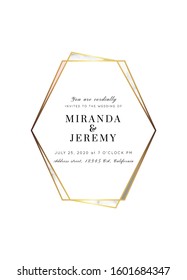 Vector marble modern wedding invitation template. Geometric shape frame.Luxury classy Yellow Gold design with rose and gray triangles.Brochure, flyer, cover, poster, card, logo, business identity.