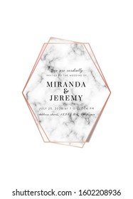 Vector marble modern wedding invitation template.Geometric shape frame.Luxury classy Rose Gold design with triangles.Brochure, flyer, cover, poster, card, logo, business identity style.