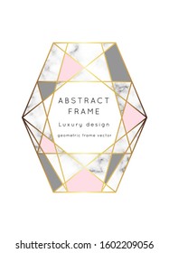 Vector marble modern wedding invitation template. Geometric shape frame.Luxury classy Yellow Gold design with rose and gray triangles.Brochure, flyer, cover, poster, card, logo, business identity.
