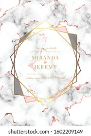Vector marble modern wedding invitation template. Geometric shape frame with space for text.Luxury classy Rose Gold design.Pink brochure, flyer, cover, poster, card, logo, business identity style.