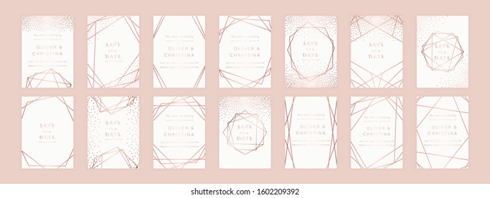 Vector marble modern wedding invitation templates set. Geometric frame with space for text.Luxury classy Rose Gold design.Pink brochure, flyer, cover, poster, card, logo, business identity style.