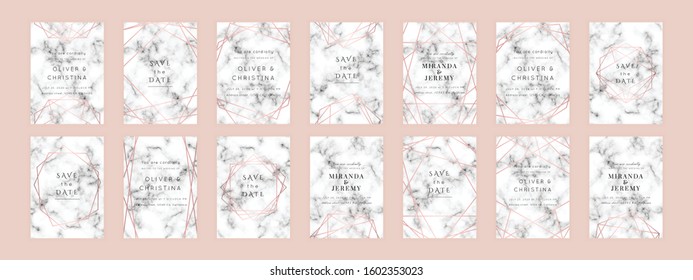 Vector marble modern wedding invitation templates set. Geometric frame with space for text.Luxury classy Rose Gold design.Pink brochure, flyer, cover, poster, card, logo, business identity style.