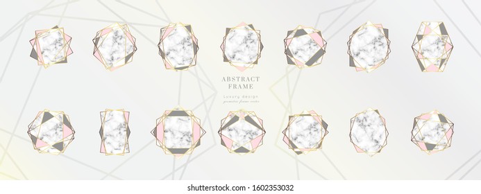 Vector marble modern wedding invitation templates set.Geometric shape frame.Luxury classy Rose Gold design.Pink brochure, flyer, cover, poster, card, logo, business identity style.