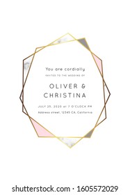 Vector marble modern wedding invitation template. Geometric shape frame with space for text.Luxury classy Yellow Gold design with rose and gray triangles.Brochure, flyer, cover, poster, card, logo
