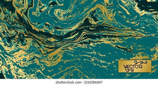 El mármol vectorial de la ola oceánica verde y el fondo abstracto dorado.