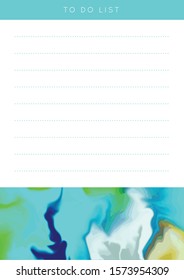 Vector marble planner. Daily, weekly, monthly planner template. Blank printable vertical notebook page with space for notes and goals. Paper sheet size A4. Fluid modern style. Green\blue\yellow