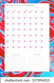 Vector marble planner. Daily, weekly, monthly planner template. Blank printable vertical notebook page with space for notes and goals. Paper sheet size A4. Fluid modern style.Colors blue\red