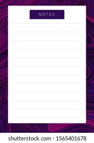 Vector marble planner.Daily, weekly, monthly planner template.Blank printable vertical notebook page with space for notes and goals.Paper sheet size A4.Fluid modern style.Colors black\purple