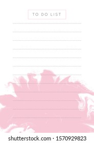 Vector marble planner.Daily, weekly, monthly planner template.Blank printable vertical notebook page with space for notes and goals.Paper sheet size A4.Fluid modern style.Pink on white