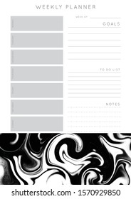 Vector marble planner.Daily, weekly, monthly planner template.Blank printable vertical notebook page with space for notes and goals.Paper sheet size A4.Fluid modern style.Monochrome black\white