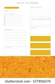 Vector marble planner.Daily, weekly, monthly planner template.Blank printable vertical notebook page with space for notes and goals.Paper sheet size A4.Fluid modern style.Colors yellow\red