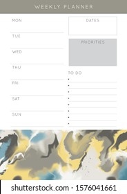 Vector marble planner.Daily, weekly, monthly planner template.Blank printable vertical notebook page with space for notes and goals.Paper sheet size A4.Fluid modern style.Grey\yellow\blue