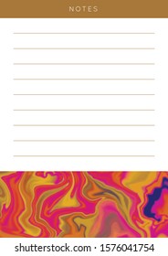 Vector marble planner.Daily, weekly, monthly planner template.Blank printable vertical notebook page with space for notes and goals.Paper sheet size A4.Fluid modern style.Red\blue\yellow