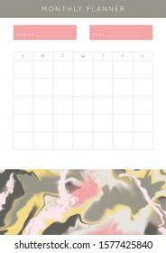 Vector marble planner.Daily, weekly, monthly planner template.Blank printable vertical notebook page with space for notes and goals.Paper sheet size A4.Fluid modern style.Grey\yellow\pink