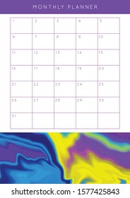 Vector marble planner.Daily, weekly, monthly planner template.Blank printable vertical notebook page with space for notes and goals.Paper sheet size A4.Fluid modern style.Purple\yellow\blue