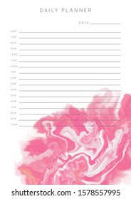 Vector marble planner.Daily, weekly, monthly planner template.Blank printable vertical notebook page with space for notes and goals.Paper sheet size A4.Fluid modern style.Pink on white