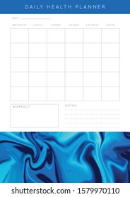 Vector marble planner.Daily, weekly, monthly planner template.Blank printable vertical notebook page with space for notes and goals.Paper sheet size A4.Fluid modern style.Blue ocean