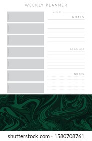 Vector marble planner.Daily, weekly, monthly planner template.Blank printable vertical notebook page with space for notes and goals.Paper sheet size A4.Fluid modern style.Colors green\black
