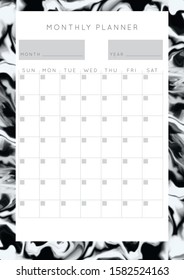 Vector marble planner.Daily, weekly, monthly planner template.Blank printable vertical notebook page with space for notes and goals.Paper sheet size A4.Fluid modern style.Monochrome black\white
