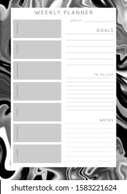 Vector marble planner.Daily, weekly, monthly planner template.Blank printable vertical notebook page with space for notes and goals.Paper sheet size A4.Fluid modern style.Monochrome black\white