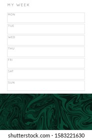 Vector marble planner.Daily, weekly, monthly planner template.Blank printable vertical notebook page with space for notes and goals.Paper sheet size A4.Fluid modern style.Colors green\black