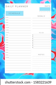 Vector marble planner.Daily, weekly, monthly planner template.Blank printable vertical notebook page with space for notes and goals.Paper sheet size A4.Fluid modern style.Colors blue\red