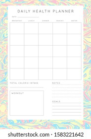 Vector marble planner.Daily, weekly, monthly planner template.Blank printable vertical notebook page with space for notes and goals.Paper sheet size A4.Fluid modern style.Yellow\blue\pink