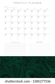 Vector Marble Planner.Daily, Weekly, Monthly Planner Template.Blank Printable Vertical Notebook Page With Space For Notes And Goals.Paper Sheet Size A4.Fluid Modern Style.Colors Green\black