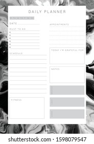 Vector marble planner.Daily, weekly, monthly planner template.Blank printable vertical notebook page with space for notes and goals.Paper sheet size A4.Fluid modern style.Monochrome black\white