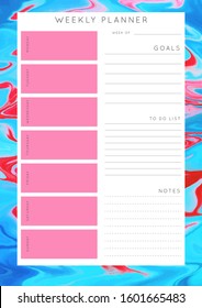 Vector marble planner.Daily, weekly, monthly planner template.Blank printable vertical notebook page with space for notes and goals.Paper sheet size A4.Fluid modern style.Colors blue\red