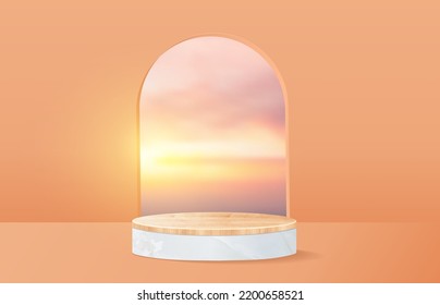 Vector marble podium with wood table top for presentation mock up, Show cosmetic product display stage pedestal design and minimal cloud scene summer background