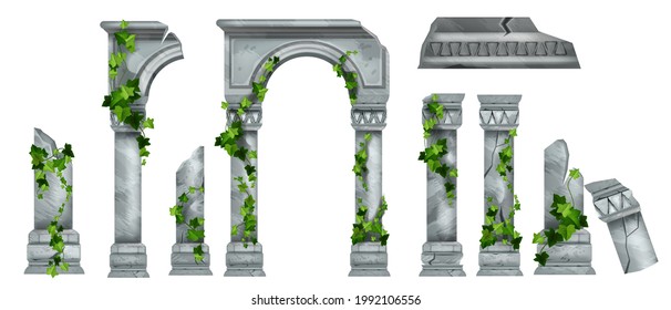 Vector Marble Roman Pillar Ruin Set, Greek Ancient Architecture Columns, Green Ivy Leaves, Climber Plant. Temple Stone Arch Collection, Historical Palace Broken Colonnade. Medieval Pillar Cracked Ruin